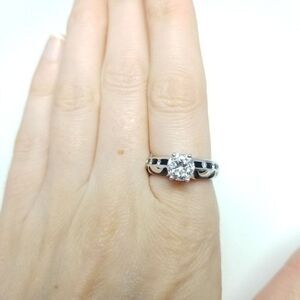 Vintage Rhinestone Solitare Silver Tone Ring with Black Enamel, Unique Design